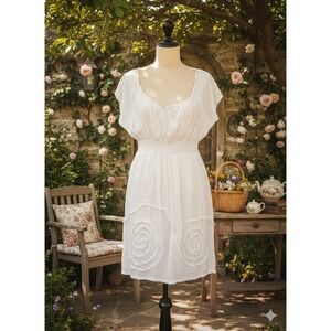 Studio West Embroidered Peasant Mini Dress Size 2X White Boho Cottagecore‎